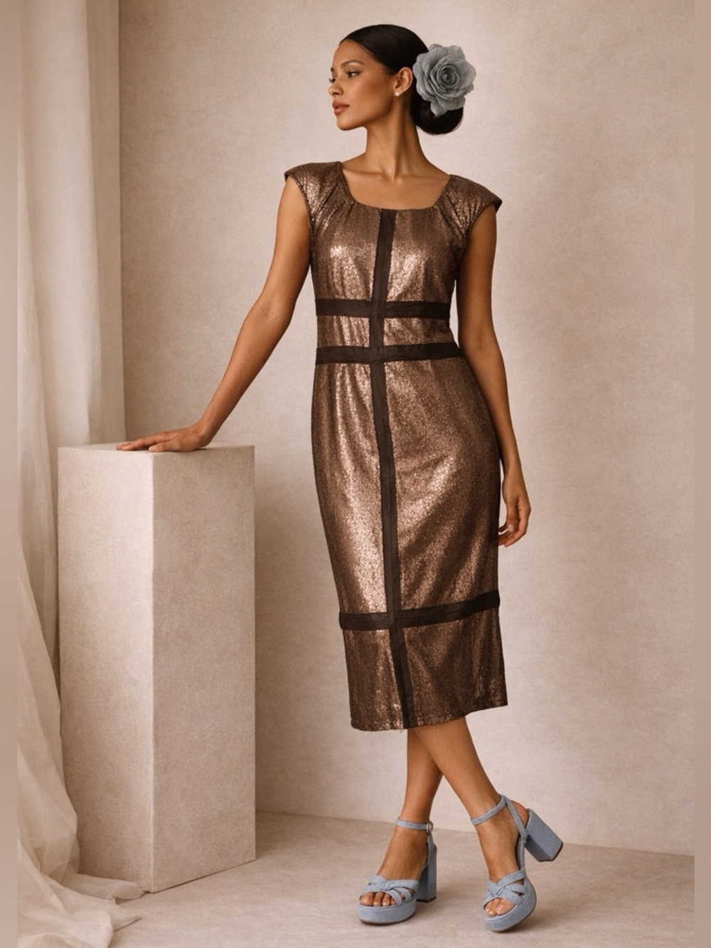 Robert Rodriguez Brown Sequin Silk Mesh Dress